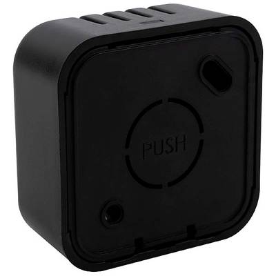 A black, square dispenser with the word 'PUSH' written in the centre. It has a slot at the top and several openings at the front.