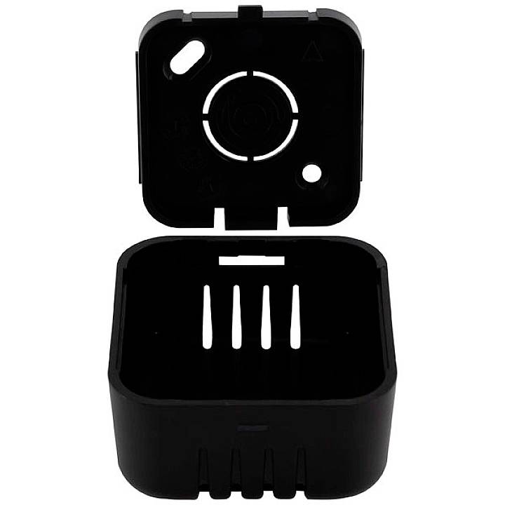 Black plastic box with hinged lid open, revealing interior fittings, suitable for storing small items.