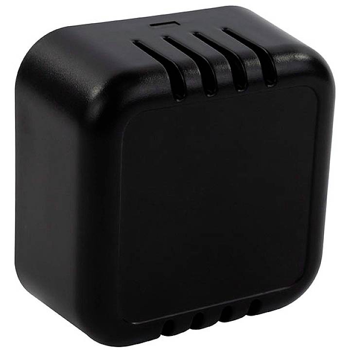 Black, square enclosure with rounded corners and ventilation slots, possibly an electronic device.