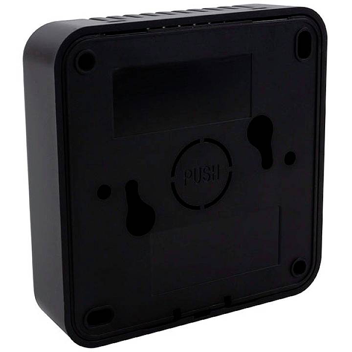 A black, square enclosure with rounded corners, numerous mounting holes, and a central area marked with the text 'PUSH'.
