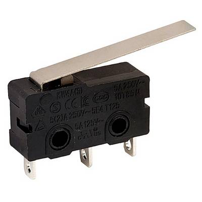 A microswitch with a lever arm. The switch is designed for a voltage of 250V and has three terminals.