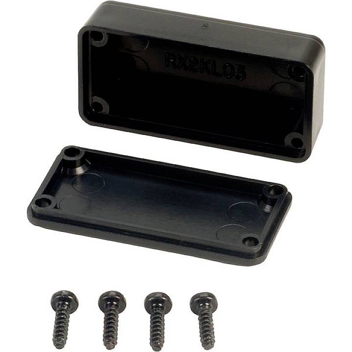 Plastic enclosure in black with a removable cover and four matching screws, suitable for electronic projects.