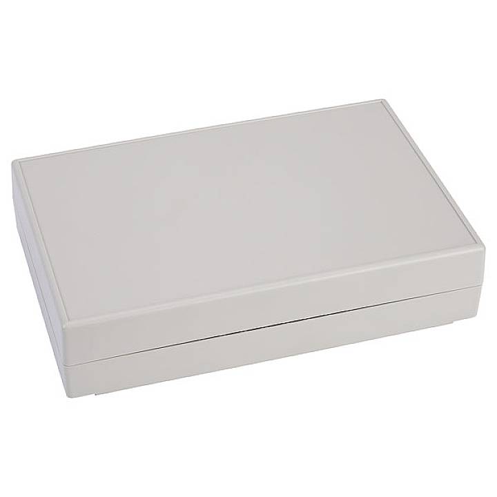 Grey, rectangular plastic enclosure with a smooth surface, suitable for electronic devices or electrical connections.