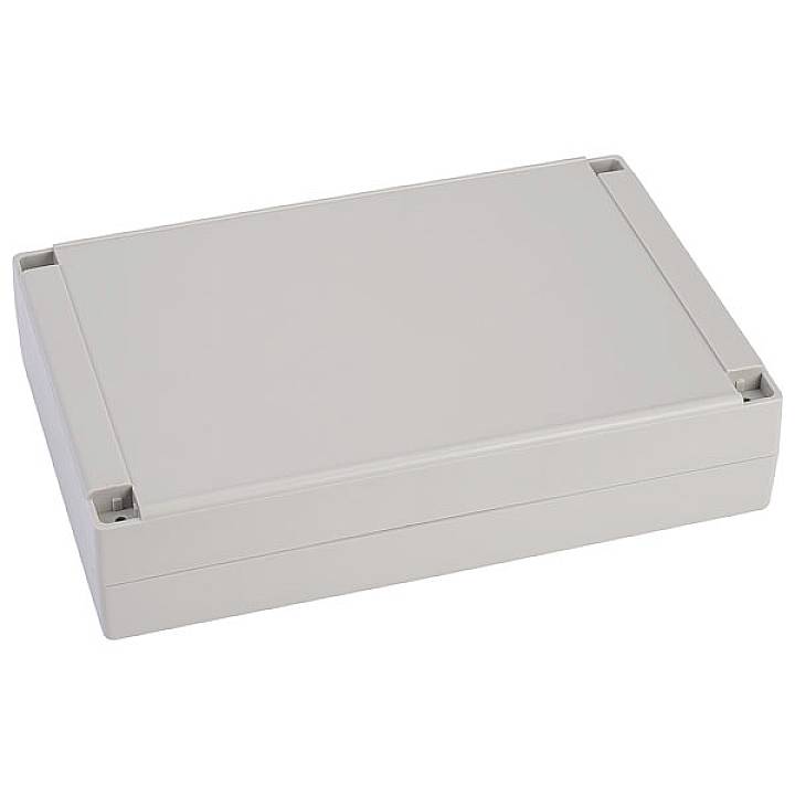 Rectangular, grey plastic enclosure with a closed lid, suitable for electronic circuits or as a protective housing.