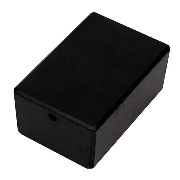 Small, black, rectangular plastic enclosure with rounded corners, suitable for electronic projects or DIY applications.