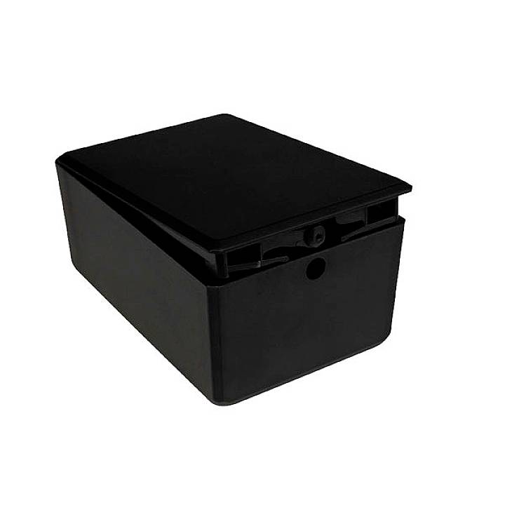 Black storage box with a removable lid, rectangular in shape, used for storage or organisation.
