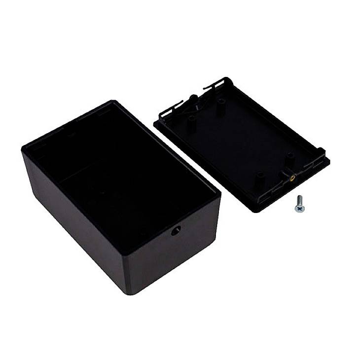 Black, rectangular plastic enclosure, opened. Enclosure lid lying beside it, screw visible. Suitable for electronic components.