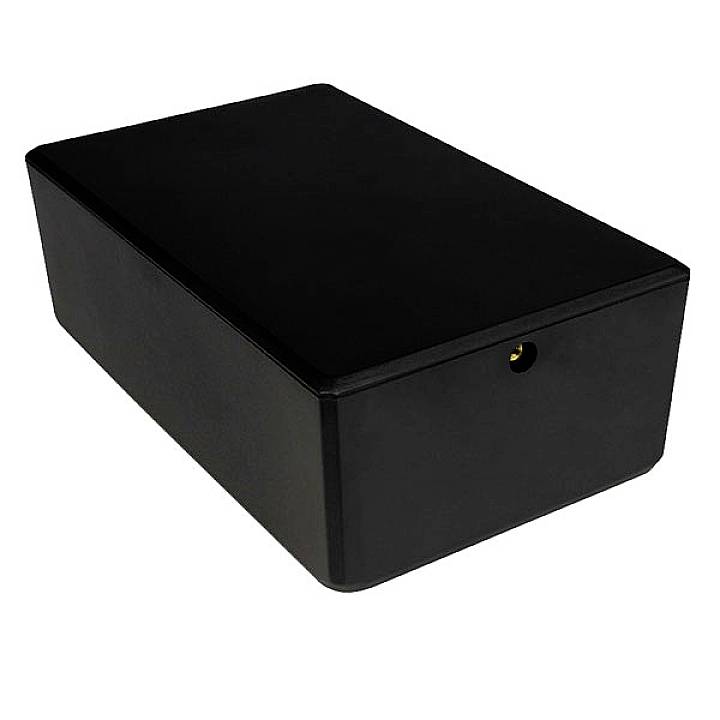 Black rectangular enclosure with rounded edges and a small round opening on the front.