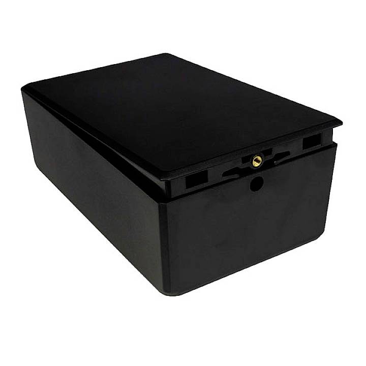 Black plastic storage box with lid, suitable for storage or housing electronic devices.