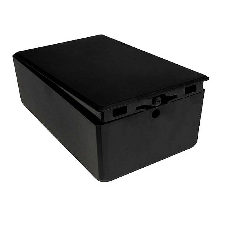 Black, rectangular box with a removable lid, presumably a storage container.