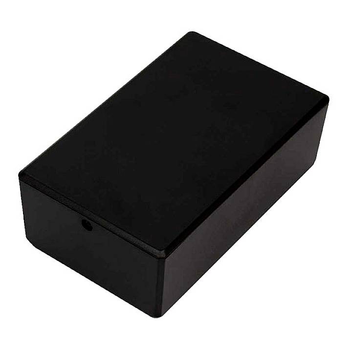 Black, rectangular plastic enclosure with a smooth surface, suitable for electronic construction or storing small components.