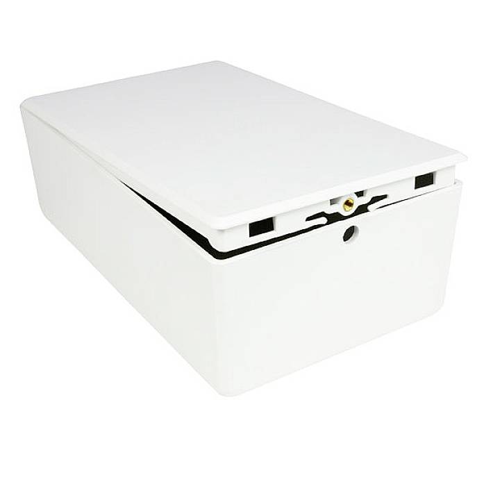 White box with a curved lid. The box has a black line separating the lid from the rest, and a small padlock slot on the front.