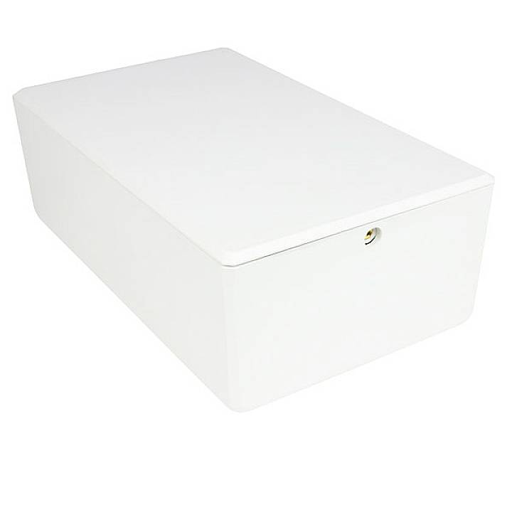 A rectangular, white box with a smooth surface and a small round lock in the centre of the front side.