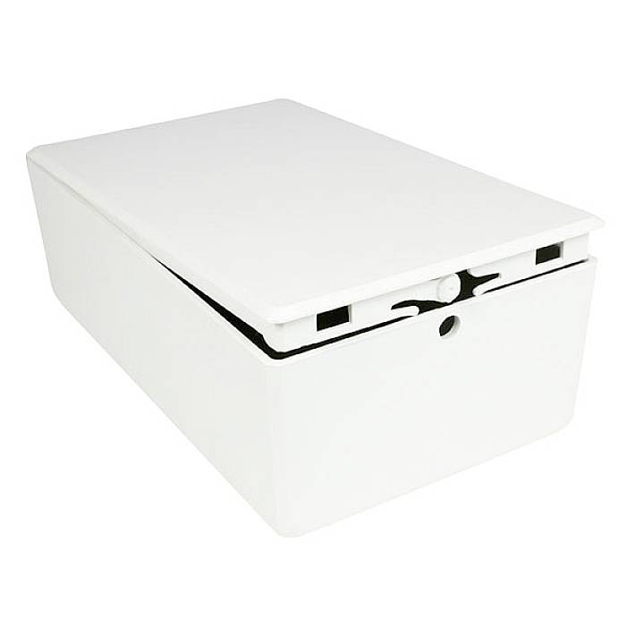 White rectangular box with a removable lid, suitable for storing cables or office supplies.<br><br>Note: This translation was already quite close to British English, so minimal changes were required.