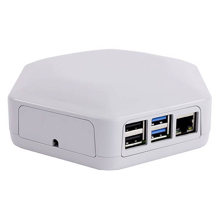 A rectangular, white electronic device with multiple USB ports and an Ethernet port on the front.