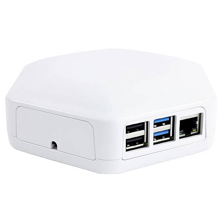 A white, hexagonal electronic device with four USB ports on the side.