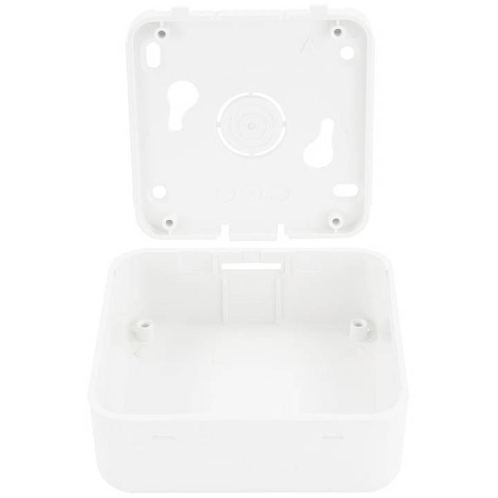 White, empty, rectangular plastic box with removable lid. Two holes in the interior wall, suitable for wall mounting.