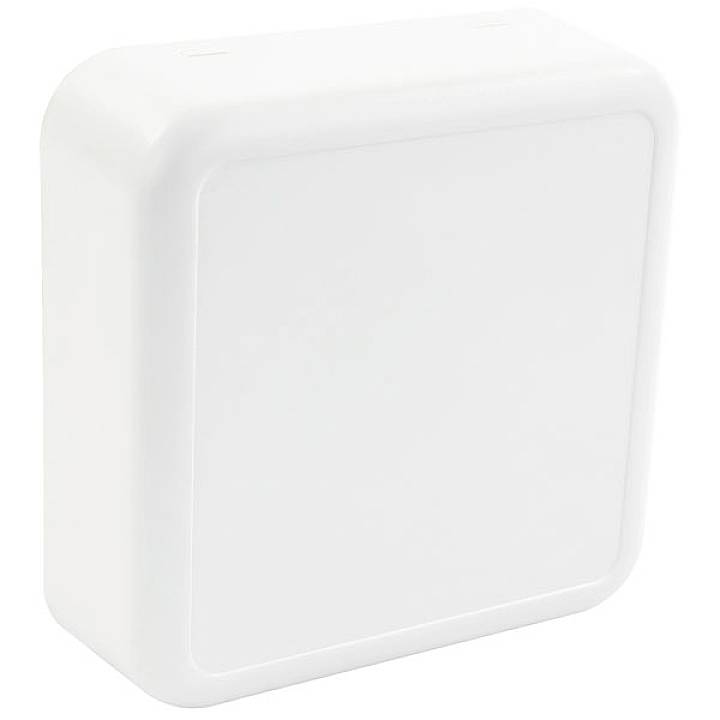 The image depicts a square, white plastic box with rounded corners. It has a smooth surface and a minimalist design.