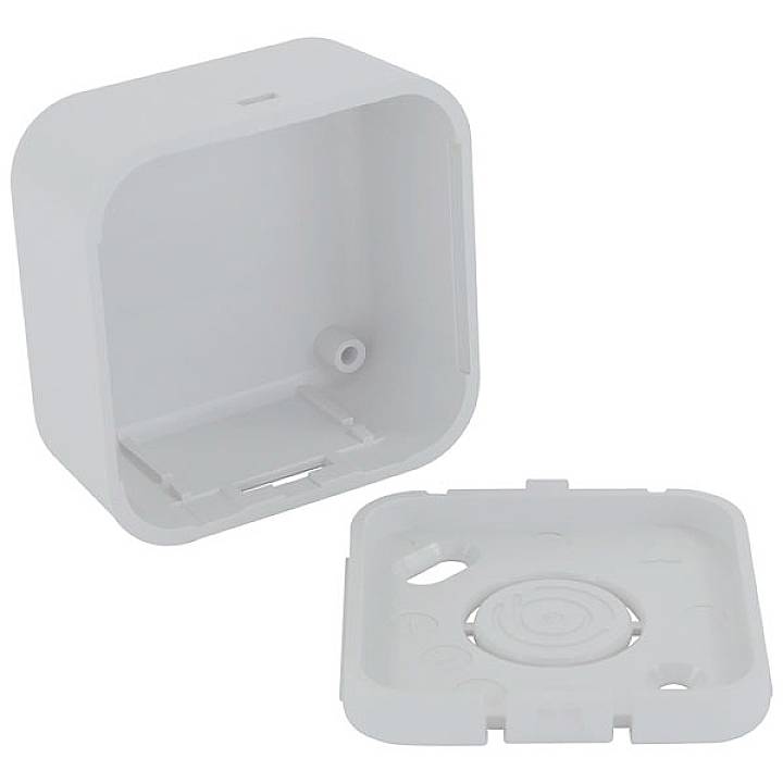A white, square plastic cover with a removable front panel and visible internal mounting brackets. Suitable for electrical connections.