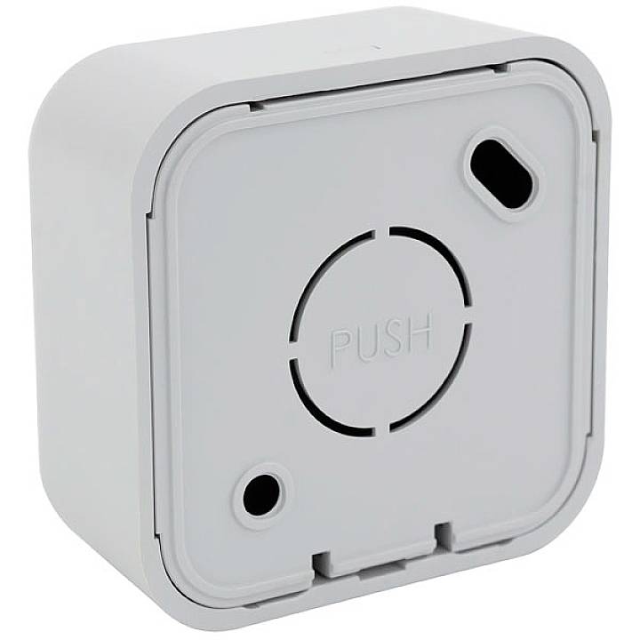 Grey square plastic container with 'PUSH' label on the front, featuring openings and mounting edges for wall installation.