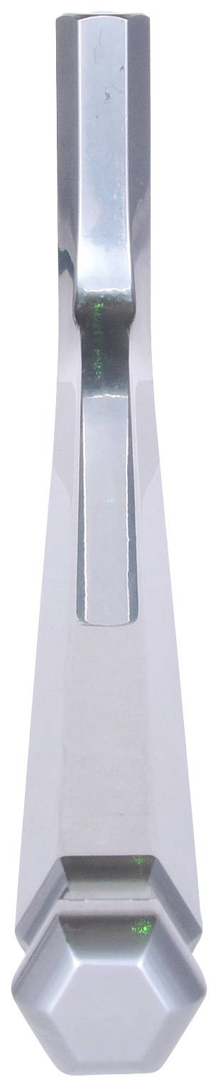 Silver, metallic door knocker with a hexagonal design.