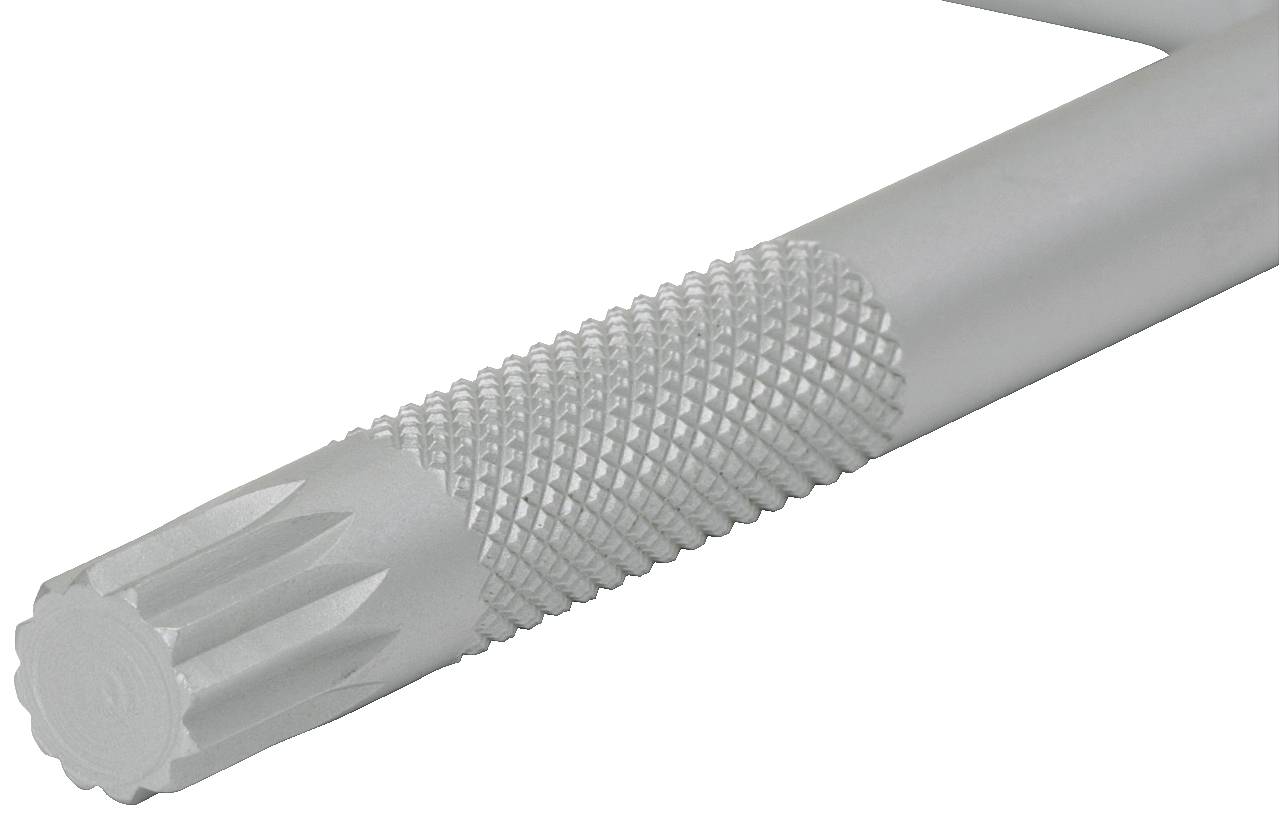 Silver metal rod with a ribbed surface and toothed tip, possibly a tool handle or connecting element.