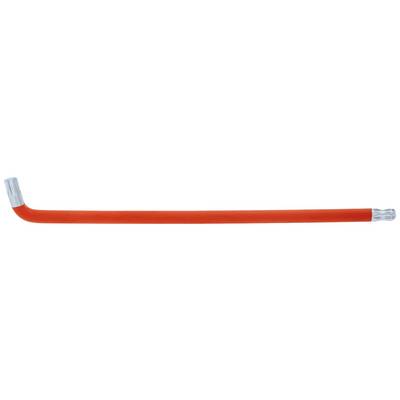 A red crowbar with silver ends, lying horizontally.