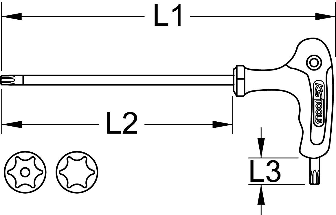 Drawing of a T-handle screwdriver with dimensions L1, L2, L3. Tool marking and two different screw head views.