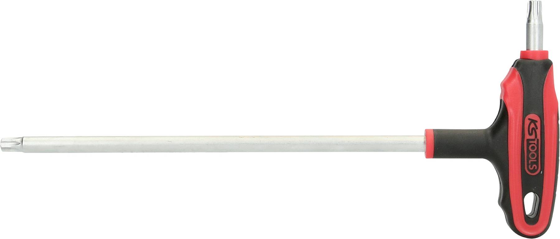 A T-handle screwdriver with a red and black handle. The long shaft has an interchangeable head.