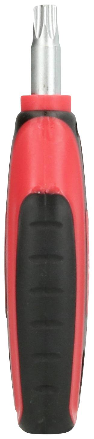 A red and black screwdriver with a silver bit attachment, vertically positioned.