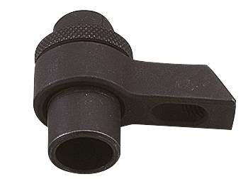 Black metal component with a cylindrical tube and sharp edge, possibly a machine part or tool attachment.