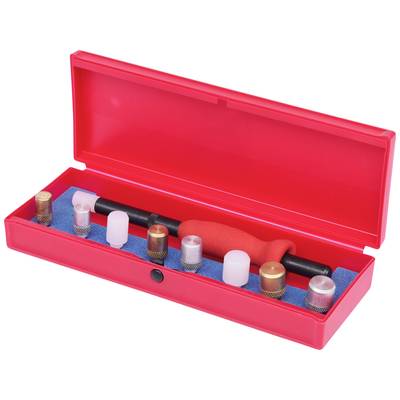 Red plastic case with foam lining, contains a tool with multiple attachments and nozzles for specific applications.