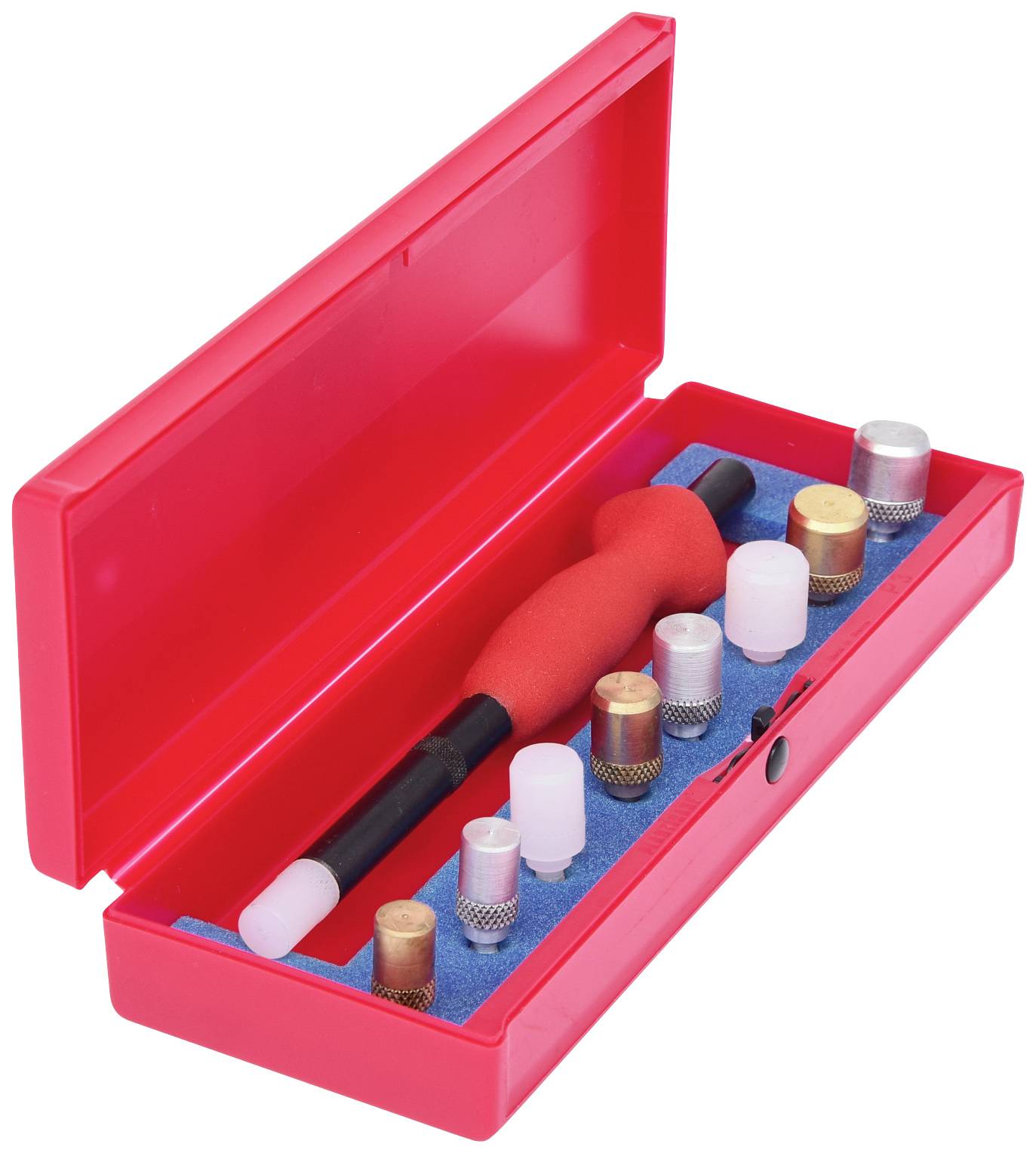 A red box containing a set of tools, comprising a handle with a red and white polishing element and several attachments.