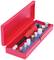 A red box containing a set of tools, comprising a handle with a red and white polishing element and several attachments.
