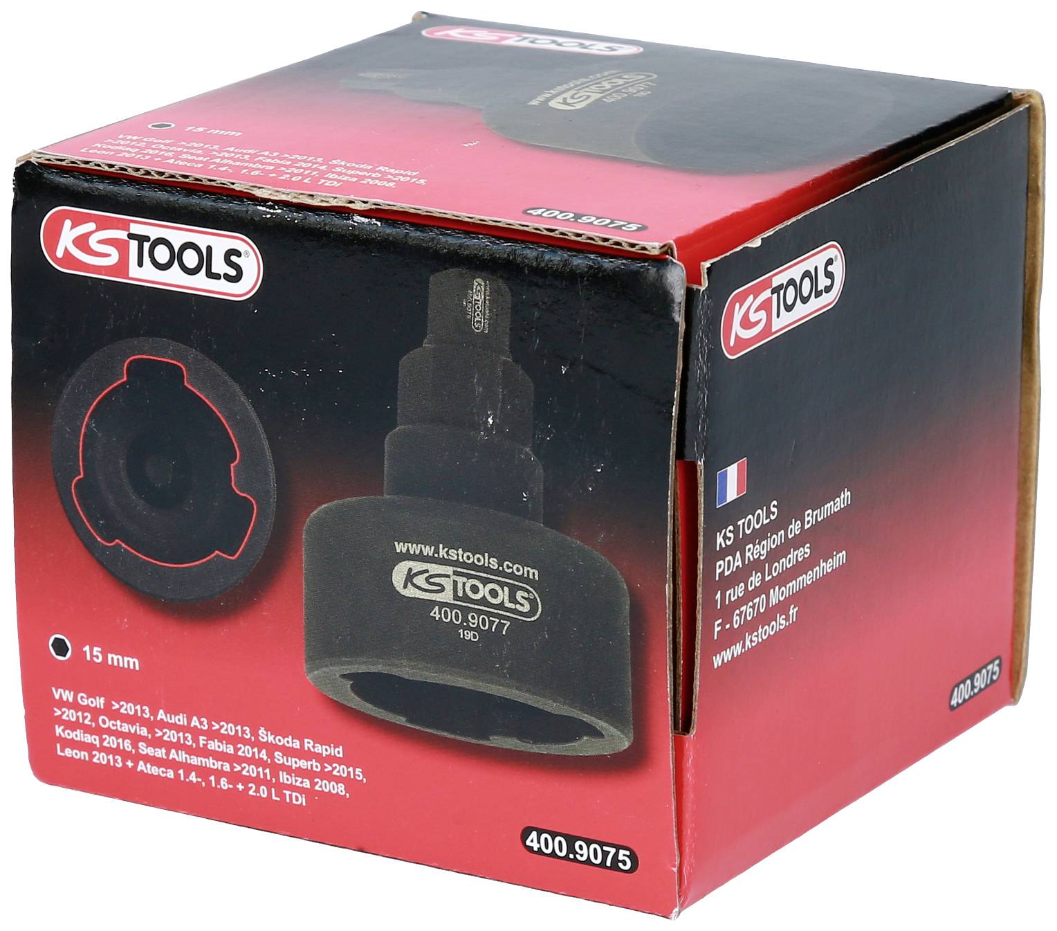 'Red cardboard packaging for KS Tools product, contains 15 mm socket for VW Golf and similar models. Product number 400.9075.'