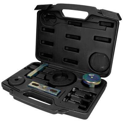 A black toolbox containing various metallic tools and attachments, neatly arranged in precisely fitted compartments.