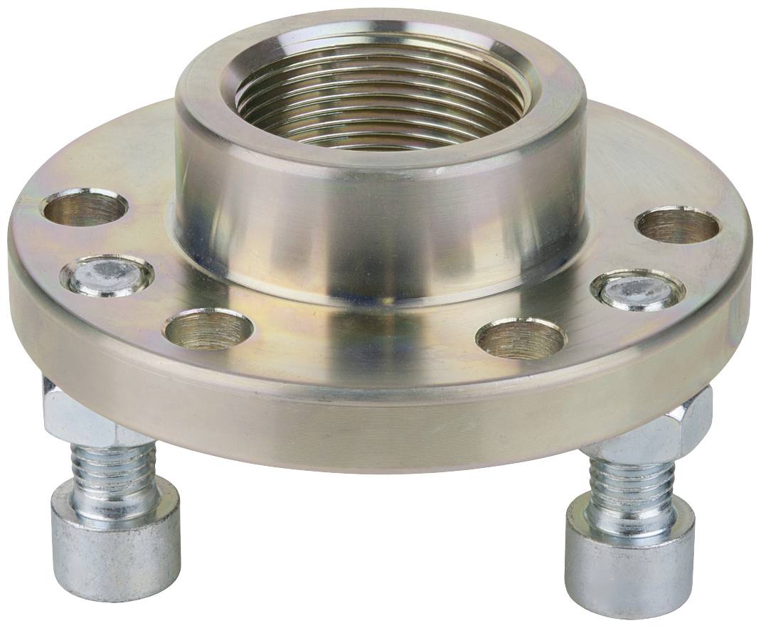 Metal flange with multiple screw holes and threaded aperture, showing a component used for connecting pipes or machine components.