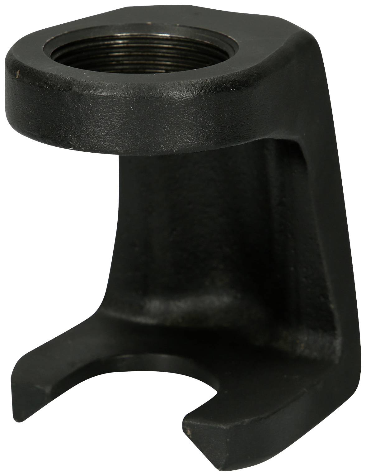 Black metal mounting bracket with an open U-shape and a threaded top, suitable for fixing or supporting components.
