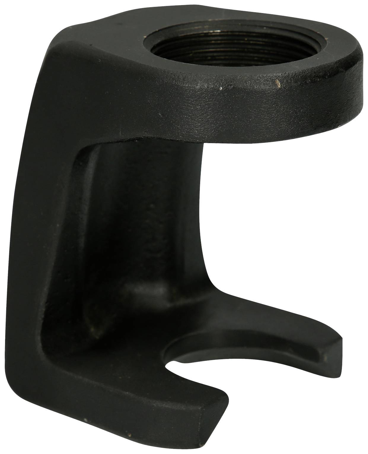 Black, metallic component in a hook shape, possibly part of a mechanical device. Fitted with a screw thread at the top.