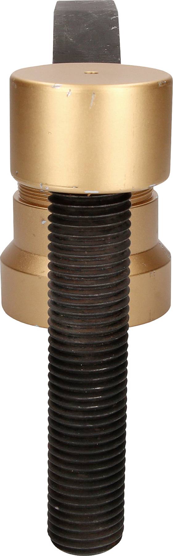 Large spanner with a black and gold metallic body and threading, suitable for industrial applications.