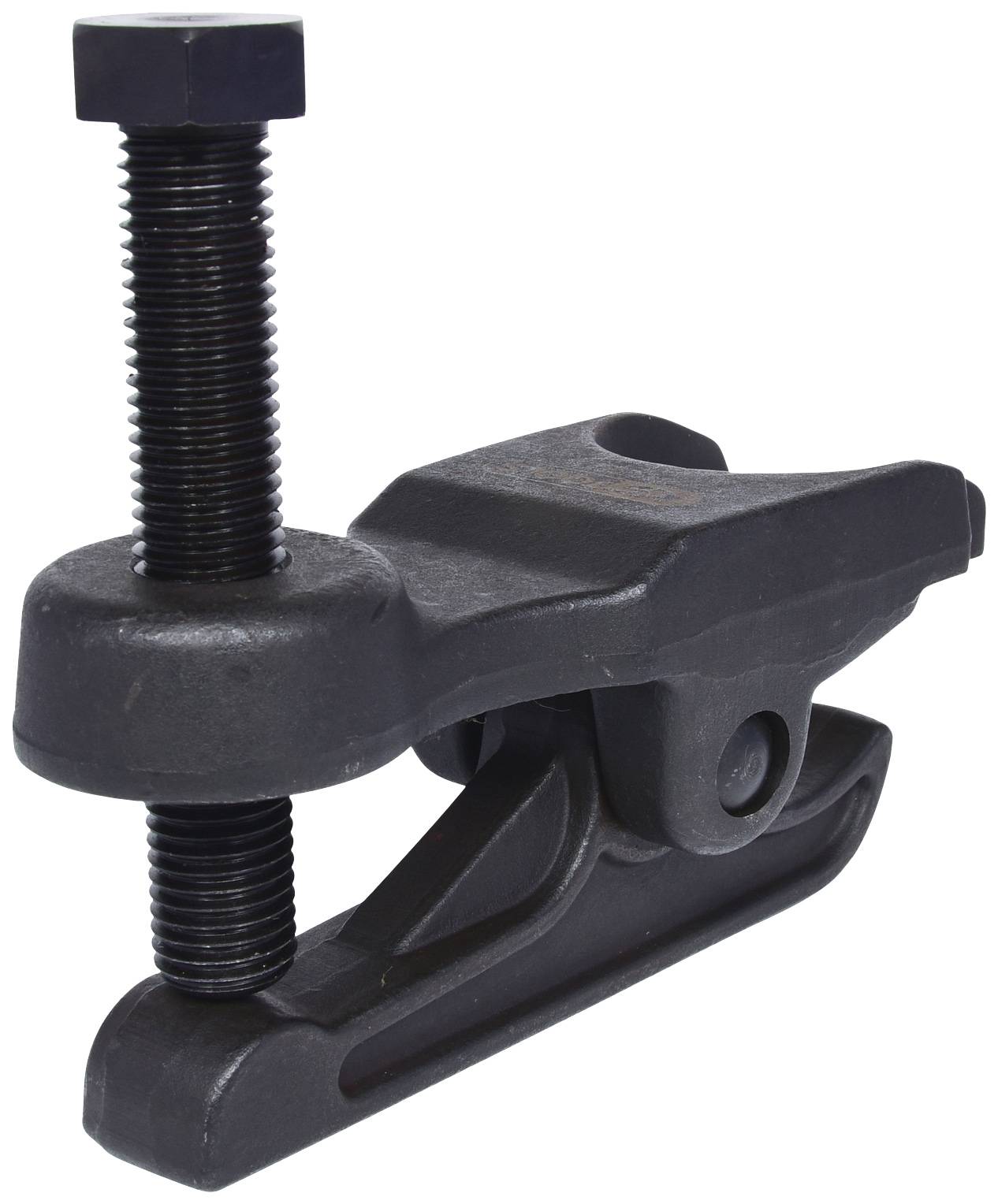 A black G-clamp with a large screw. Primarily made of metal, used for securely holding objects.