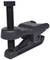 A black G-clamp with a large screw. Primarily made of metal, used for securely holding objects.