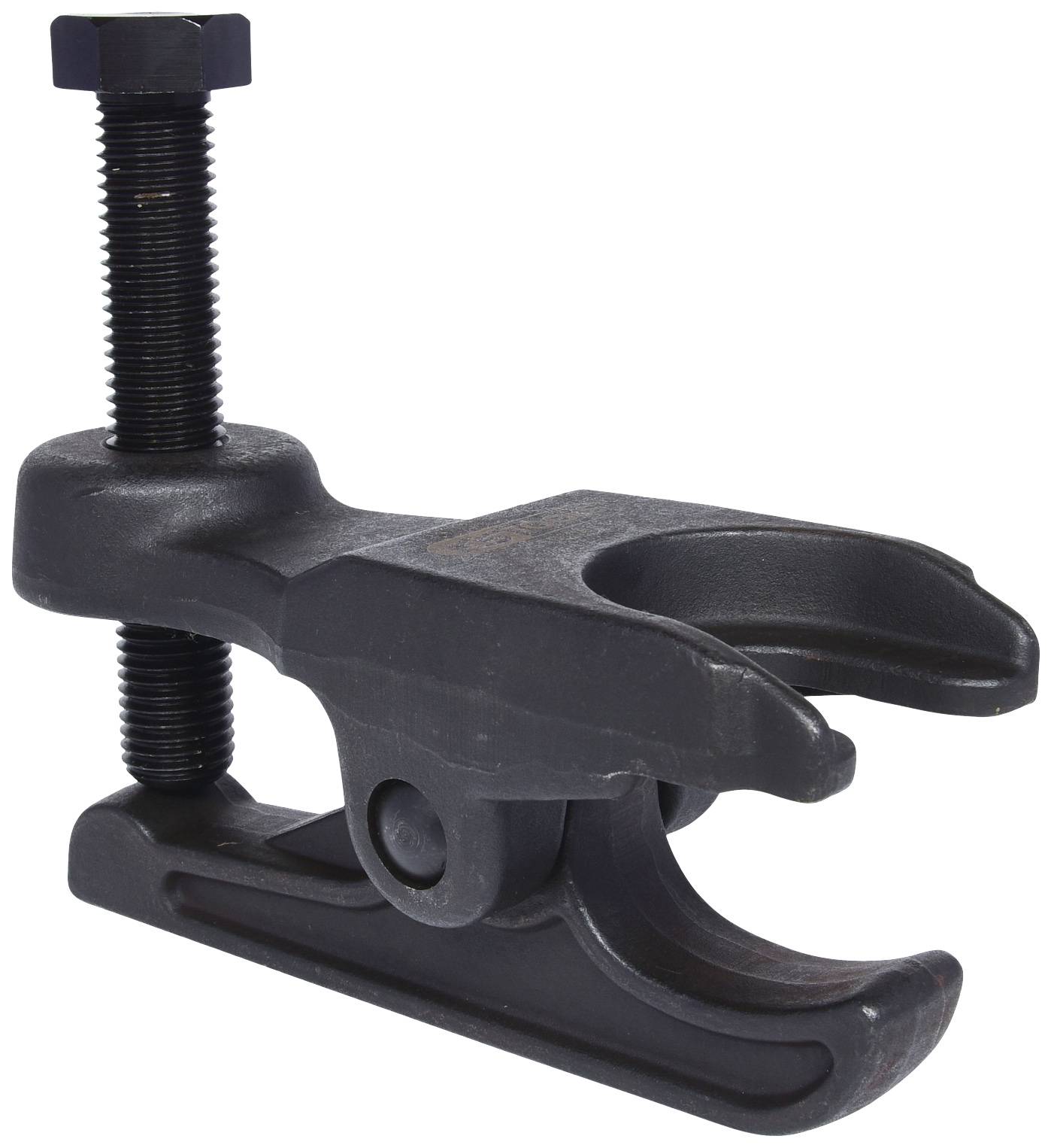 A track rod end puller made of black metal with a screw mechanism and U-shaped gripper. Tool for removing automotive parts.