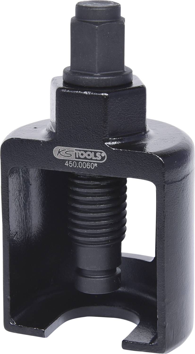 Hydraulic Ball Joint Puller in Black, a robust tool with a screw mechanism, suitable for removing ball joints.<br><br>Translation to British English:<br>Hydraulic Ball Joint Puller in Black, a robust tool with a screw mechanism, designed for removing ball joints.