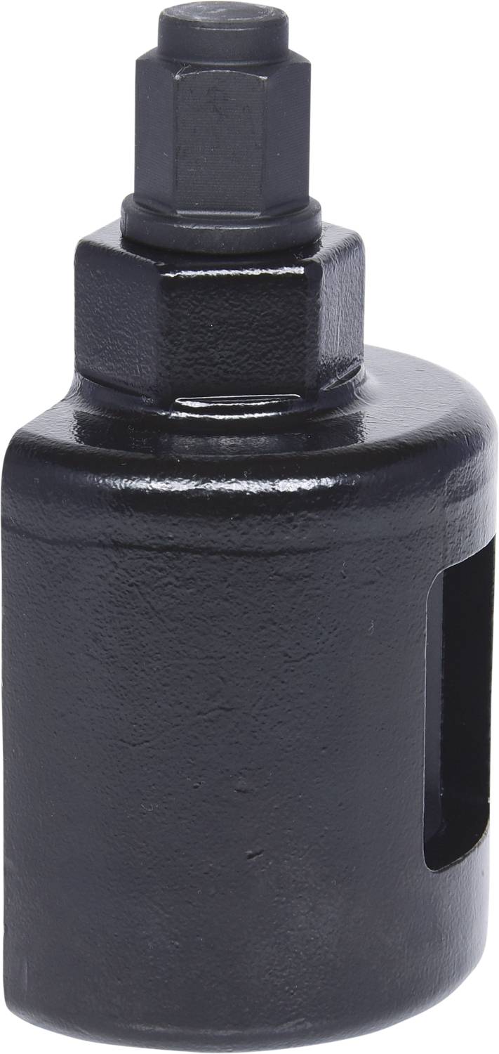 A black, metallic socket wrench adapter with a hexagonal fitting, used for tightening or loosening threaded connections.