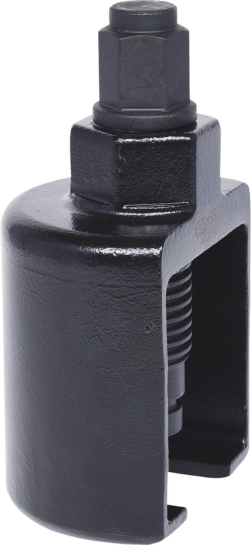 A black steel puller, cylindrical with an open side, is used for removing bearings or bushes.