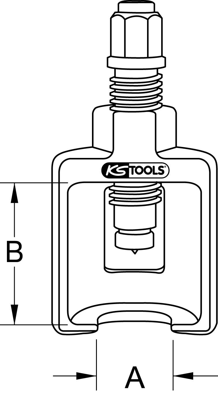 Schematic drawing of a tool with dimensions A and B. Marking shows 'KS TOOLS'.