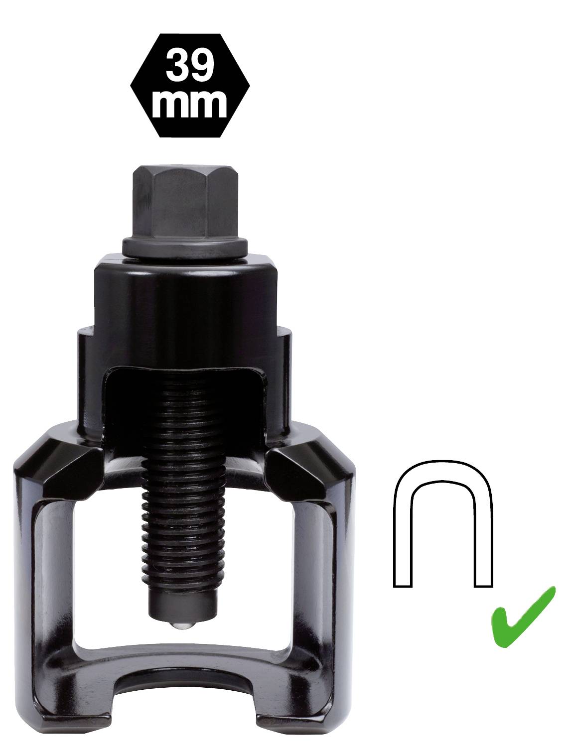 'Axle or ball joint puller with 39 mm width. Suitable for vehicles with U-shaped axle constructions, green tick marked.'