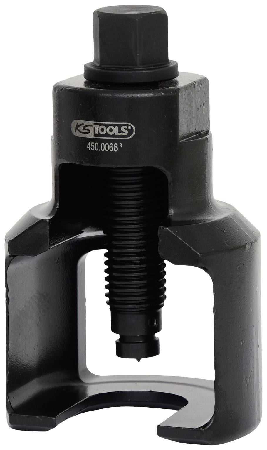 Black-painted metal suspension arm puller with threaded screw and open U-shape. Tool for vehicle repairs.