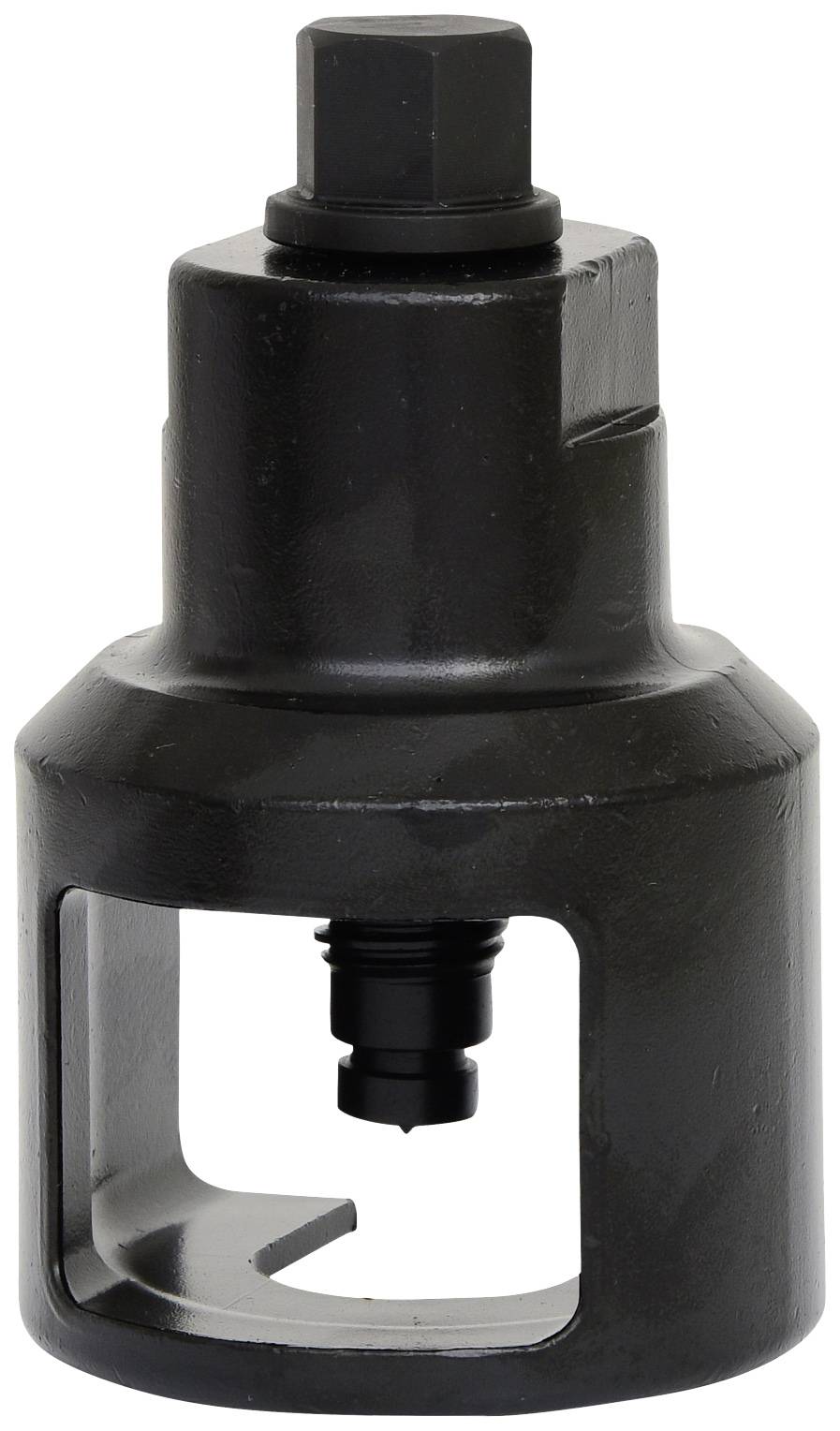 A metal tool with a hexagonal head and hollow chamber, used for assembling or disassembling parts, against a white background.